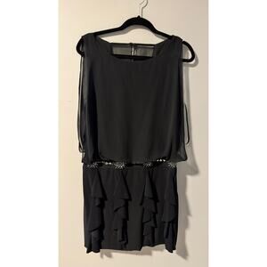 VTG Betsy & Adam Sleeveless Black Sequin Waist Ruffle Tiered Cocktail Dress Sz14